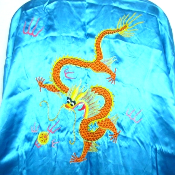 Golden Dragon Robe Sky Blue Satin Embroidered Dragon Silky Flowy Kimono Size M - Picture 8 of 11